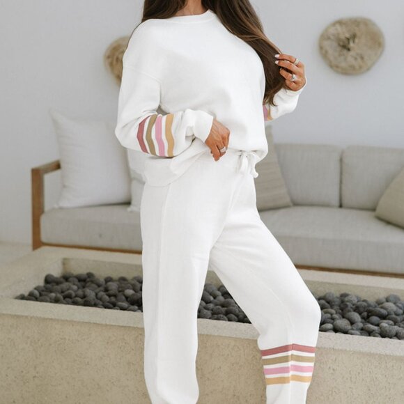 B320 Beige Striped Drop Shoulder Round Neck Pullover and Jogger Set - Picture 2 of 4